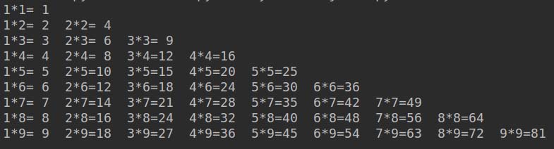 利用Python循环(包括while&for)各种打印九九乘法表的实例